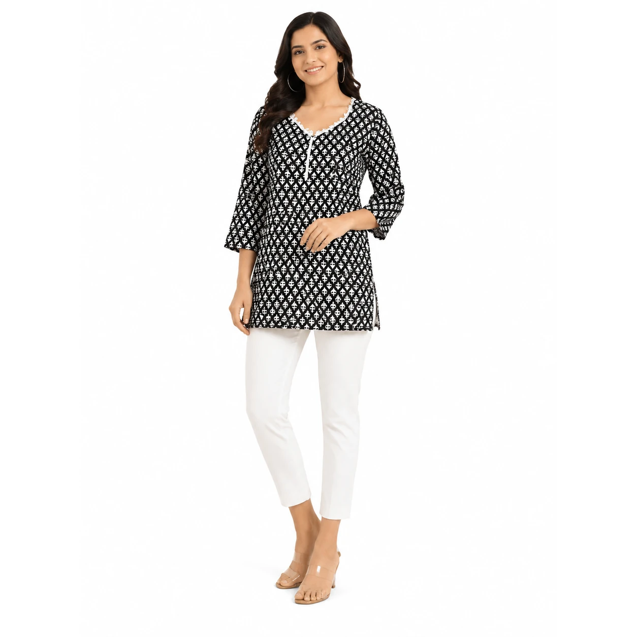 Women’s Cotton Kurti (black and white geometric print)