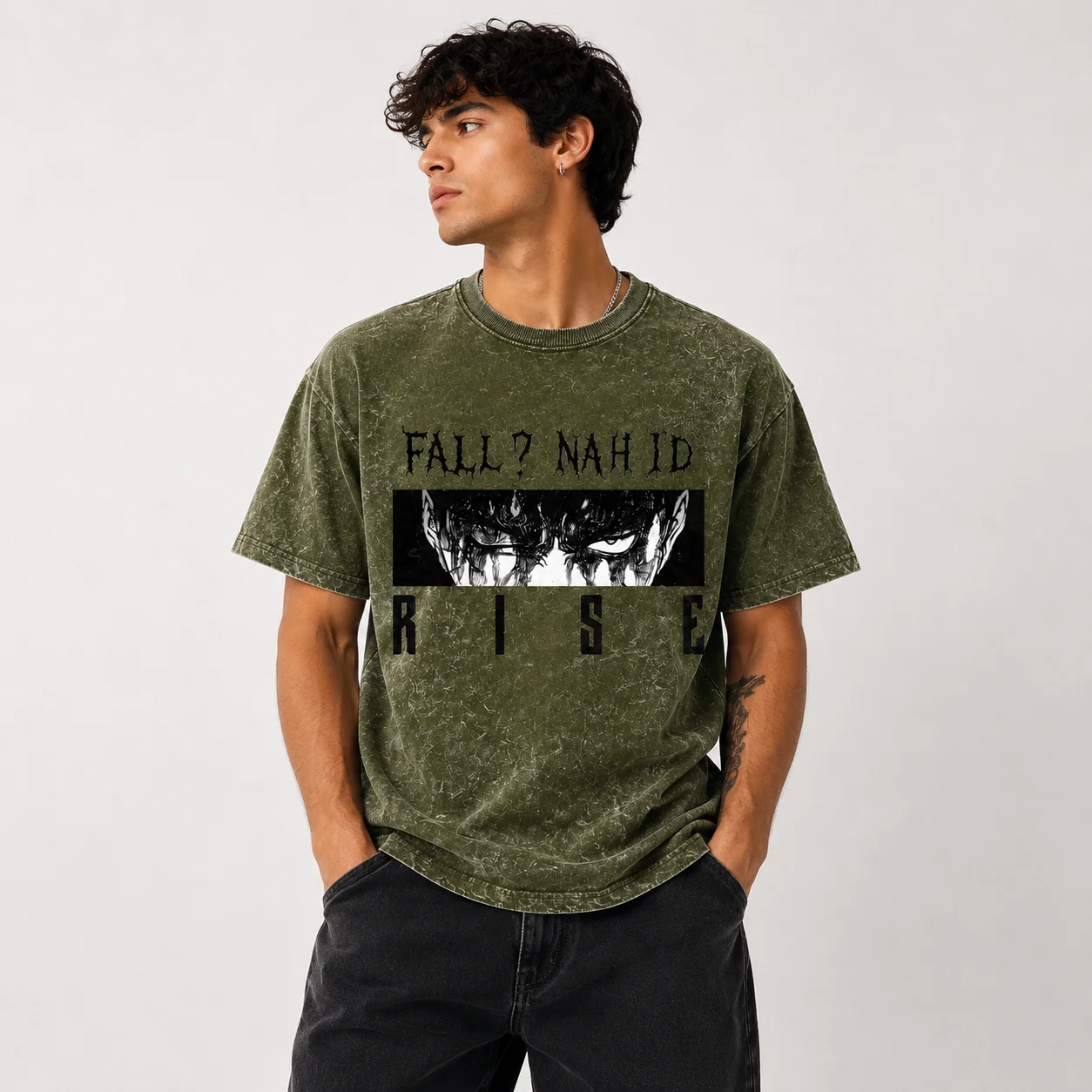 Rise Graphic Acid Wash Oversized T-Shirt – Olive Green