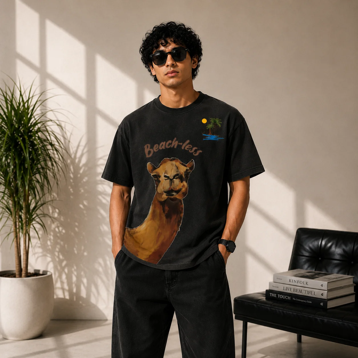 Beach-less Camel Graphic Acid Wash Oversized T-Shirt – Washed Black