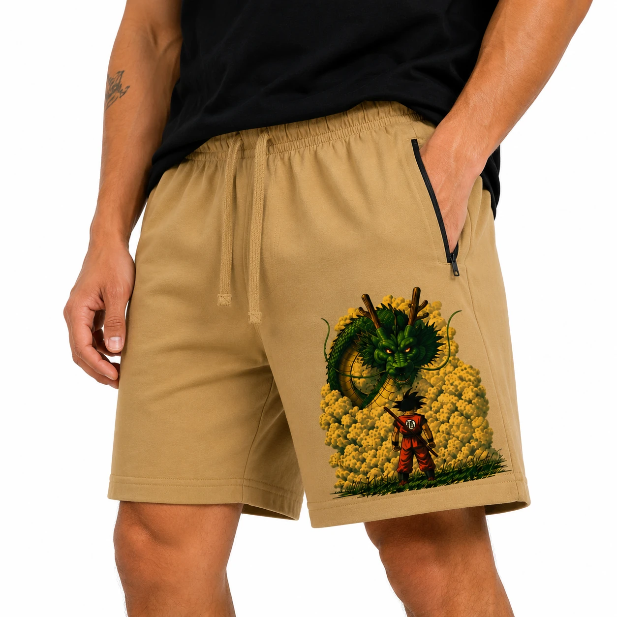 Dragon Ball Graphic Print Cotton Shorts – Sand Beige